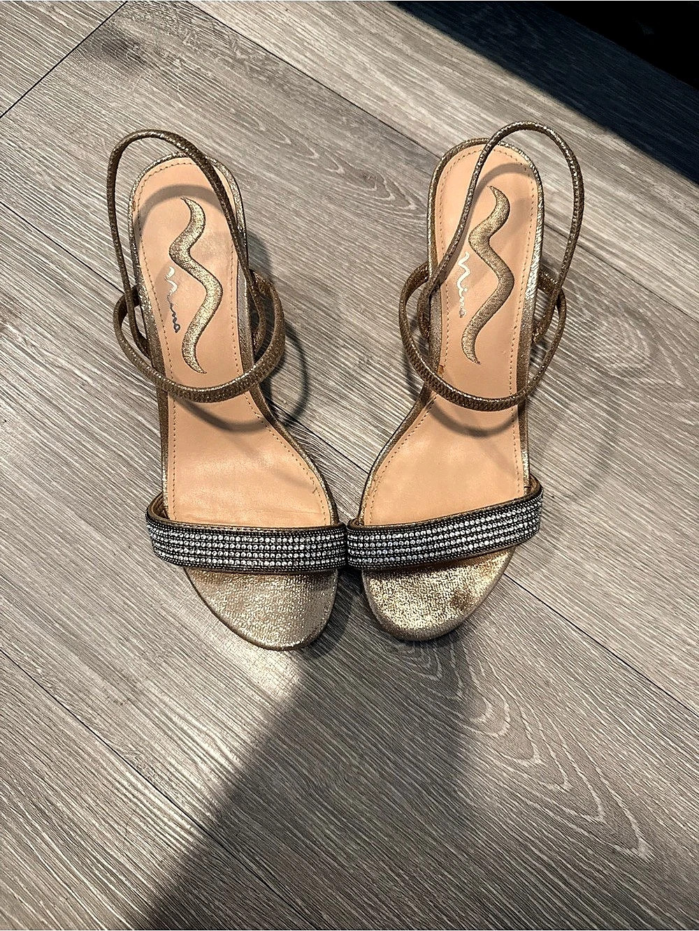 Nina Strappy Embellished Heels in Gold US 7M